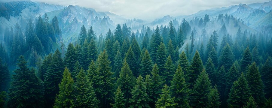 Misty Mountainous Landscape with Dense Fir Trees and Rocky Peaks