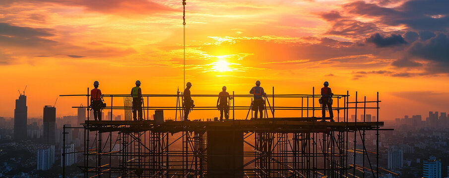  Back view of a construction worker in safety gear at a site against the backdrop of a glowing sunset,
 Construction Site , labor day concept , heavy industry factory with good welfare concept