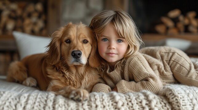 photo of children, a girl sitting on a sofa in the living room playing with a dog. slight background blur, white balance