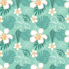 Blue-Green Hawaiian Flowers Botanical Summer Spring Seamless Pattern Background Wallpaper