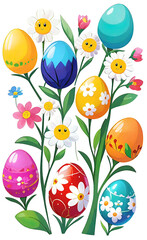 Fototapeta na wymiar Vector illustration of Easter decorations, colorfully painted Easter eggs and spring flowers. seamless primitive pattern, children's drawings for prints, backgrounds for smartphones and shorts,