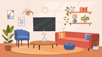 Living room interior. Comfortable sofa, chair, TV and house plants. Vector flat cartoon illustration