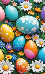 Fototapeta na wymiar Vector illustration of Easter decorations, colorfully painted Easter eggs and spring flowers. seamless primitive pattern, children's drawings for prints, backgrounds for smartphones and shorts,