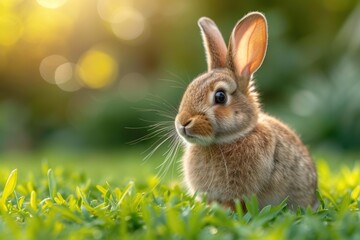 Fototapeta premium Cute little rabbit on green grass with natural bokeh as background during spring. Young adorable bunny playing in garden.