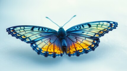 A close-up of a blue and orange butterfly