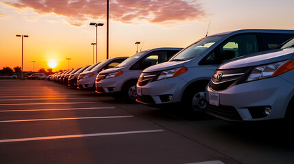 row of fleets in parking lot sunset clear skies - obrazy, fototapety, plakaty