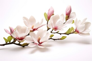 Obraz premium Blooming white and pink close-up flowers of magnolia on a branch with young leaves, growing in spring park or botanical garden, with blurred white background