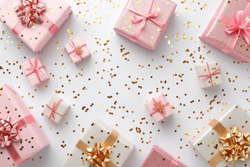 a group of pink and gold wrapped presents