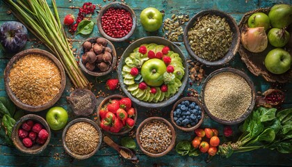 Nourishing Aesthetics: An Exquisite Culinary Symphony featuring an Array of Varied Spices, Fresh Vegetables, and Luscious Fruits, Presented Against a Rustic Backdrop. This Captivating Photo Setup Offe