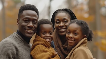 Happy African American family of four in autumn park