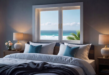 Cozy beautiful bedroom with rumpled bed linen and a large window overlooking the beautiful ocean beach. Summer, travel, vacation, holiday, mindfulness, seaside holiday concept,
