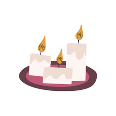 Cute hand drawn candles on tray, cartoon flat vector illustration isolated on white background. Burning candles on candle holder plate. Home decor element.