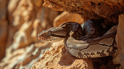 Fototapeta premium A curious boa constrictor exploring the rocky crevices of a mountainside, its powerful muscles rippling beneath its shimmering scales as it seeks out shelter and sustenance.