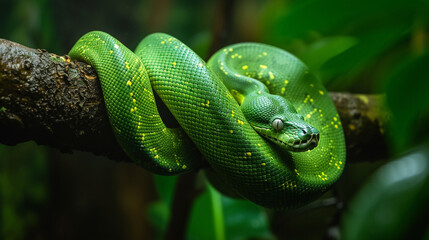 A lithe green tree python draped over the sturdy branch of a towering tree, its emerald scales blending seamlessly with the verdant foliage as it waits patiently for nightfall to b