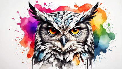Rolgordijnen Powerful colorful owl face logo facing forward, monochrome background, by yukisakura, awesome full color © PixelBook