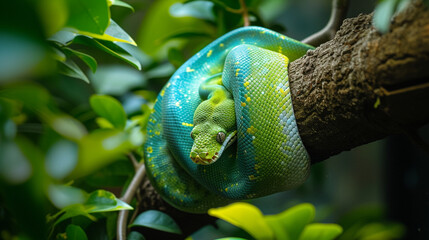 A lithe green tree python draped over the sturdy branch of a towering tree, its emerald scales blending seamlessly with the verdant foliage as it waits patiently for nightfall to b