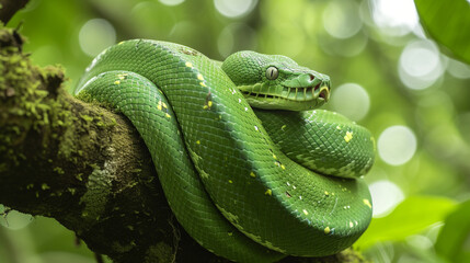 Fototapeta premium A lithe green tree python draped over the sturdy branch of a towering tree, its emerald scales blending seamlessly with the verdant foliage as it waits patiently for nightfall to b