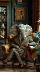 Fototapeta premium Funny animal , Elephant in Suit Pondering in Vintage Room