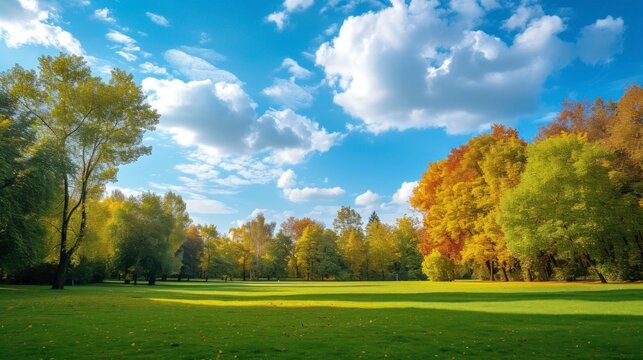 beautiful park in a green meadow with forests and trees in the background with a beautiful sky