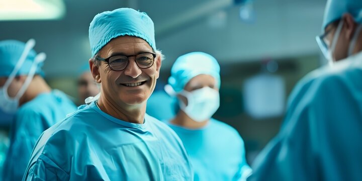 Confident surgeon smiling in operating room, surrounded by team. focus on experienced medical professional. healthcare concept. AI