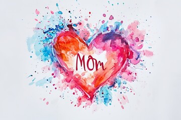 Colorful watercolor splash forming 'Mom' heart, great for personalized stationery and loving tributes