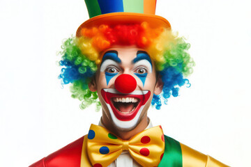 Portrait of a happy colorful clown isolated on solid white background. ai generative