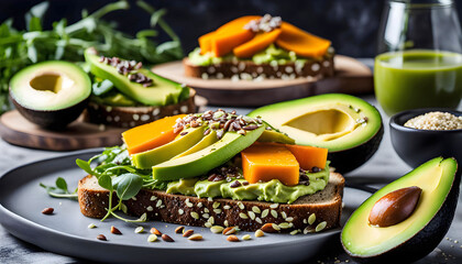 Avocado toast for breakfast or lunch with rye bread, sliced avocado, arugula, pumpkin and sesame seeds, salt and pepper, healthy and eco food concept,