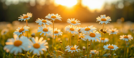 field of daisies in spring, sunset and strong light