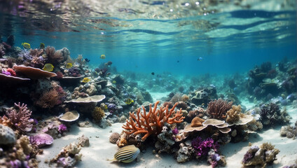 Fototapeta na wymiar Wonderful ocean, underwater, full of colors and corals, many sea shells