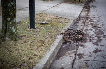 Pile of raked fallen leaves left on the city street to be picked up