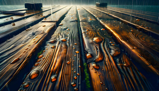 a lumber floor boardwalk patio deck woodwork retro vintage board rustic flooring timber ship ramp rain weather wet perspective dock pier sea wharf ocean coast wood marina background port water wooden