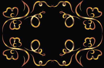 Graphic symmetrical fantasy ornament with flowers. Golden gradient. Ornament of curls and flowers on a black background