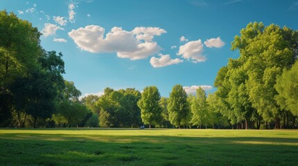Obraz premium beautiful park in a green meadow with forests and trees in the background with a beautiful amazing blue sky, landscapes or parks concept