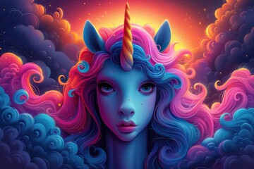 Cute cartoon character happy magic unicorn with rainbow mane and tail. For print, design, poster, sticker, card, decoration, kids clothes