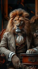 Obraz na płótnie Canvas Funny animal, Lion in Velvet Jacket Seated at Office Desk