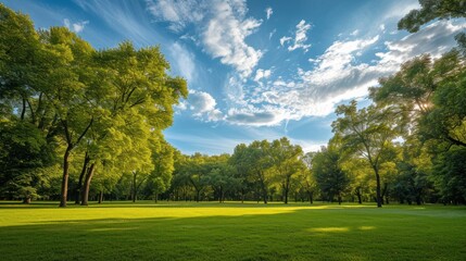Obraz premium beautiful park on a green meadow with forests and trees in the background with a beautiful amazing blue sky, concept of landscapes or city parks