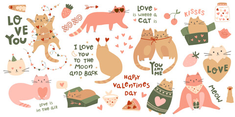 Valentines Day cat set. Funny cats wear sweater, hearts, kitty in the box. Romantic pink and beige isolated elements. Vector holiday collection of inscriptions and lettering for 14 February, cute pets - 724054302