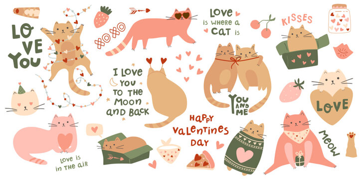 Fototapeta Valentines Day cat set. Funny cats wear sweater, hearts, kitty in the box. Romantic pink and beige isolated elements. Vector holiday collection of inscriptions and lettering for 14 February, cute pets