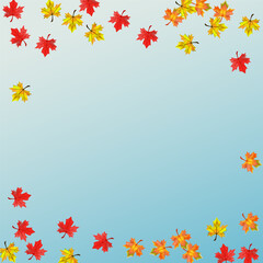 Red Leaves Background Blue Vector. Foliage Season Texture. Green November Leaf. Design Floral Design.