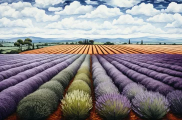 Papier Peint photo autocollant Lavende A vibrant and picturesque landscape filled with a sea of purple lavender and golden fields, stretching beneath the cloudy sky in a peaceful and natural agricultural setting
