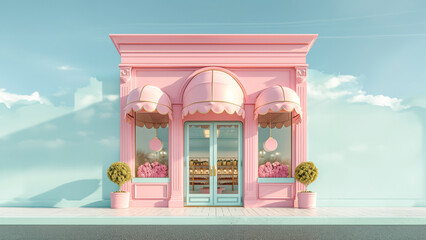3D cute small pink store building isolated on pastel colour background.