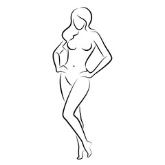 Silhouette of a nice lady, she is standing. The girl has a beautiful naked figure. The woman is a young sexy and slender model. Vector illustration.