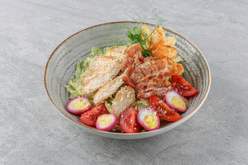 Salmon salad on a stone background studio shooting 2