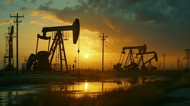 a sunset with oil pumps in the foreground