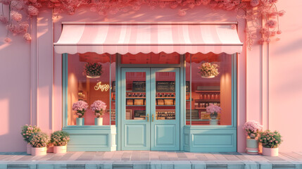 3D cute small pink store building isolated on pastel colour background.