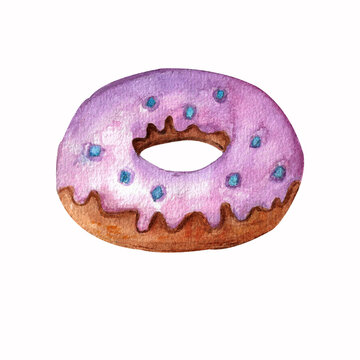 Watercolor donut hand painted illustration isolated on white background. Perfect for cards, prints, invitations, birthday cards, logo, business cards