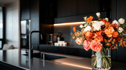 Floral Elegance in Modern Kitchen.
Elegant bouquet in a modern kitchen setting, home elegance.