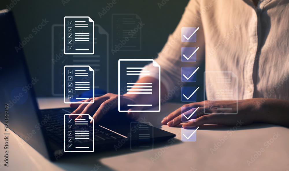 Poster business productivity checklist and filling survey form online.fast checklist and clipboard task man