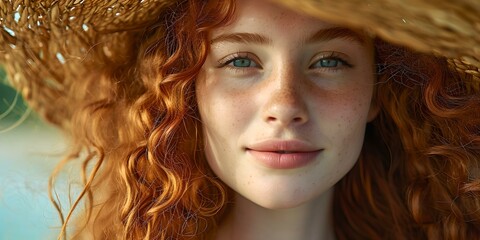 Serene portrait of a woman with auburn curly hair and a straw hat. ideal for beauty concepts. photographed in soft natural light. AI - obrazy, fototapety, plakaty