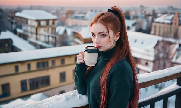 Cityscape Charm: Stylish Coffee Sipper in the Winter Breeze